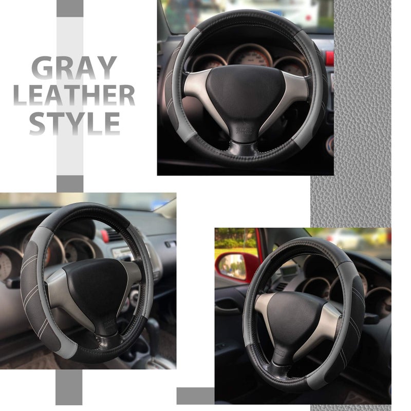 Elantrip Leather Large Steering Wheel Cover 15 1/2 to 16 inch Soft Grip Breathable for Car Truck SUV Jeep Anti Slip Black and Gray - Image 2